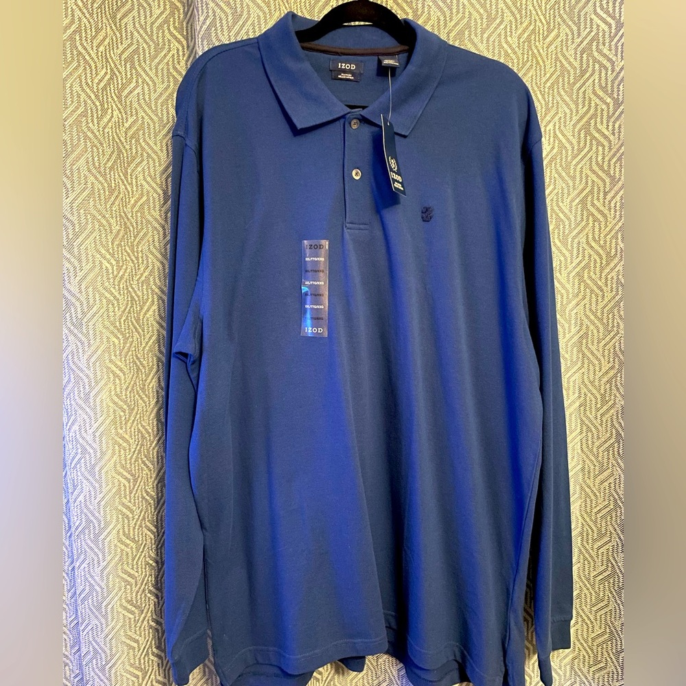 NWT• IZOD Men’s Silk Washed 100% cotton Long Sleeved Polo Shirt. Blue, Size:2XL